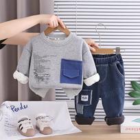 Boys' long sleeved two-piece set, 0-5-year-old children's printed fleece hoodie+casual denim pants set S