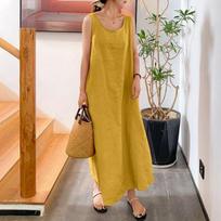 Summer Long Sling Cotton and Linen Simple Style Loose Pocket Round Neck Temperament Sleeveless Dress Women XS geltona