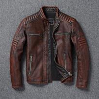 Vintažinis karvės odos paltas. Vyriškas plonas baikerio odinis švarkas. Vyriškas klasikinis motociklininko odinis audinys. 4XL raudonai ruda