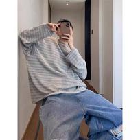 Mens Loose Grey Striped Long Sleeve T Shirt Casual Daily Layering Top M pilka