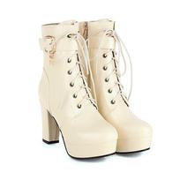 Sexy Single Boots Lace Up Solid Leather High Thick Heel Platform Ankle Short Boots Unisex Plus Size Padlocks Boots 34