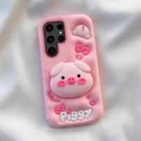 For Samsung Galaxy S25u S24 S23 Ultra S21 FE M01S M11 A10S 3D Cartoon Piggy Soft Silicone Case Stereoscopic telescopic bracket Galaxy S24 FE rožinė