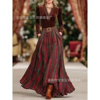 ~ Popular V-neck lace long-sleeved T-shirt and red plaid skirt set (including belt) S