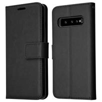 Galaxy S10 Plus odinis piniginės tipo dėklas, atverčiamas apsauginis dėklas su kortelių angomis, stoveliu ir riešo dirželiu - Juodas