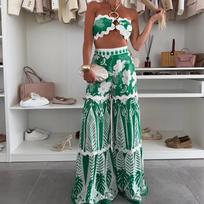 Sexy Backless Sleeveless Print Outfits Hawaii Vacation Loose 2 Piece Fashion Contrast Color Halter Crop Top&Wide Leg Pants Suits S
