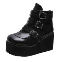 Fashion Brand Women Wedges Boots Punk Gothic High Boots for Women Platform Metal Buckle Cosplay Shoes Plus Size 43 Female Botas Mujer 35 juoda