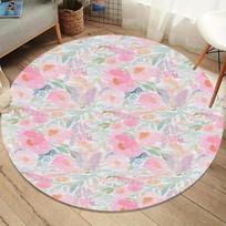 Vintage Garden Floral Round Area Rug, Watercolor Pink Flower Print Carpet, Non-Slip Bedroom Floor Mat, Cottagecore Home Decor 80cm x 80cm