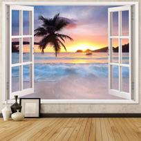 Beach Landscape Tapestry, Tropic Ocean Sea Island Palm Tree Seaside Tapestries for Living Room Summer Window Wall Hanging Yellow 70x100CM