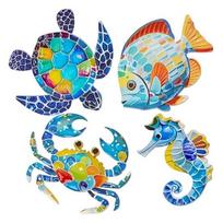 4 Pcs Wooden Beach Wall Decor Colorful Sea Turtle Fish Crab Seahorse Outdoor Sculptures Ocean Theme Wall Art for Garden Fence Home Wall Decor Size#Sets