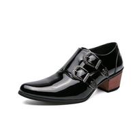 Brand Men'S Adult Classic Buckle Leather Shoes High-Heeled Casual Shoes Double Buckle Pointed Business Height Increasing Loafers 38