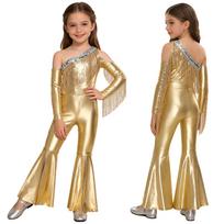 Eye-Catching Stage Romper for Kids Girls: Off Shoulder Sequin Design with Tassel Accents & Flared Legs for Movement 7-8 Years