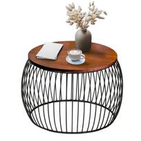 Loft apvalus kavos staliukas, juodas metalas, medinis stalviršis, rudas suolas, 60cm