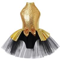 Kids Girls Sleeveless Round Neckline Sparkling Sequins Bowknot Decorated Straps Hollow Back Tutu Mesh Dance Dress 5-6 Years