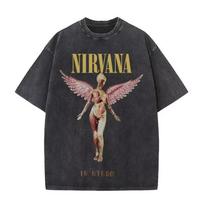 „Nirvana“ roko grupės vyriški retro medvilniniai skalbti marškinėliai su „In Utero“ albumo logotipu, moteriški dideli Y2K stiliaus marškinėliai su trikotažu, laisvalaikio stiliaus. S black
