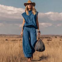 2026 Euro-American Cross-border Fashion: Sleeveless Wide-Leg Tapered Suede Plush Suit M tamsiai mėlyna spalva