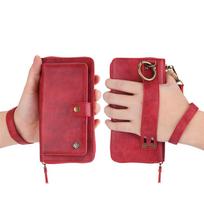 Vintage Detachable Wallet Leather Case For iPhone 16 15 14 Plus 13 12 11 Pro Max XR XS 7 8 Wristband Cards Slot Cover For iPhone 16Plus raudona