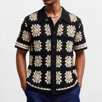 Men's Summer Sexy Cool Hollow Breathable Shirt Summer Casual Knitted Short-sleeved Lapel Shirt XL