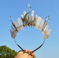 Handmade Natural White Crystal & Silver Moon Crown Headband gray