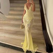European American Women's V-neck Sexy Backless Slim Sequined Mermaid Fishtail Long Evening Gown Formal Dress S
