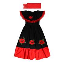 Kids Mexican Fiesta Costume Dress Black Red Floral Spanish Folk Long Dress With Tassel Belt Girls S