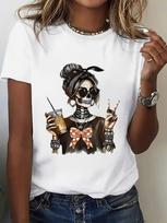 Women's Halloween Chic Skeleton Lady Graphic Print Casual Loose Fit Short Sleeve Crew Neck Tren S black
