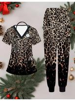 3D Leopard Print Printed Women's Nurse Uniform Set Short Sleeve Long Pants with Pocket Casual Fashionable Christmas Gift S juoda