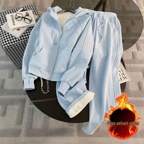 Women's Blue Hooded Sweatshirt & Wide-Leg Pants Set: Velvet-Lined, Casual, for Autumn/Winter. 2X Large mėlyna