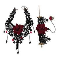 2pcs Gothic Lace Choker Necklace Finger Rings Bracelet Halloween Costume Accessories Jewelry for Women Girls Gift 1 juoda