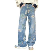 Men Jeans Mid-rise Flower Printed Straight Wide Leg Long Pants with Pockets Zipper M mėlyna