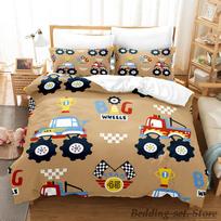 New Kawaii Monster Trucks Bedding Set Cartoon Anime Three-Piece Set Adult Kid Bedroom Duvetcover Sets Personality Boys/Girls EU single(135x200cm) beige