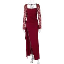 Women Sexy Lace Long Sleeve Backless Slim High Waist Split Bodycon Maxi Dress S