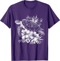 Sea Turtle Hawaiian Flowers Tropical Graphic T-Shirt Relaxed Fit Summer Trip Tee S