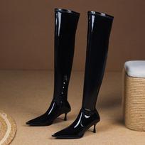Sexy Black Patent Leather Knee High Boots Women Fashion Pointed Toe Designer High Heel Boots Nightclub Party Pole Dance Shoes 35