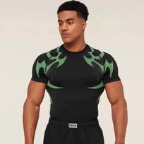 Men Sport Short Sleeve Shirt GYM Men's Muscle Fitness Sweatshirt Elastic Quick Drying for Outdoor Sports and Gym Training Top S žalia