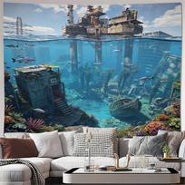Huge Deep Sea Underwater Ruins Tapestry Wall Art Ocean Decor Atlantis Submerged City Mural Print Mysterious Surreal Home Decorat 100X70CM