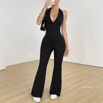 women's Black Halter V Neck Flare Leg Jumpsuit Sleeveless Bodycon Romper S juoda
