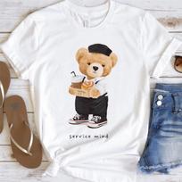 Bear Service Mind Printed Womens Summer T-Shirt Cute Cartoon Tee Short Sleeved Basic Top Trendy O-Neck Casual Pattern for Lady S balta