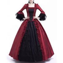 Women's Square Neck Long Flare Sleeve Lace Patch High Waist Vintage Medieval Maxi Court Dress M raudona