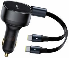 Automobilinis įkroviklis Baseus Enjoyment Retractable 2-in-1, 2 x USB Type C, juoda sp., 33 W