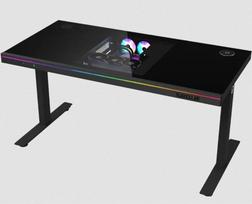 Dual-motor sit/stand adjustable-height gaming desk with built-in PC case, wireless charger, RGB lighting, control panel, and USB ports, tempered glass tabletop, black. | LRG-DE90G