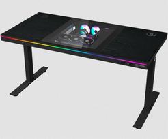 Dual-motor sit/stand adjustable-height gaming desk with built-in PC case, wireless charger, RGB lighting, control panel, and USB ports, PB melamine surface tabletop, black. | LRG-DE90W