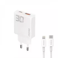 GaN Dudao A30EUL 30W USB-A / USB-C sieninis įkroviklis + USB-C - Lightning kabelis - baltas
