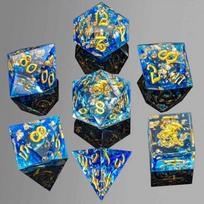 Captured Magic Sharp Edge RPG Resin Dice Set - Blue with Gold Flakes
