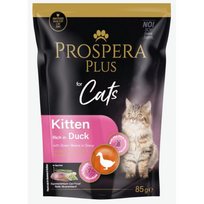 Konservuotas ėdalas kačiukams - Prospera Plus, kačių maišelis su antiena ir žaliosiomis pupelėmis, 85 g