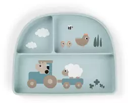 Done by Deer silikoninė prilimpanti lėkštė su siurbtuku ir skyreliais Tiny Farm Mėlyna