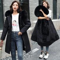 Winter Jacket Women Parka Clothes Long Coat Wool Liner Hooded Jacket Fur Collar Thick Warm Snow Wear Fashion Parka 6XL juoda