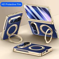 Rotatable Metal Magnetic Case For Huawei Pura X Max Bracket Central Axis Magnetic Tempered Glass Protective Film Leather Cover Huawei Pura X Max blue
