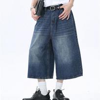 Women's Retro Large Size Denim Shorts Unisex Style Wide Leg Capris Vintage Street Summer Female High Waist Loose Short Jeans 5XL tamsiai mėlyna spalva