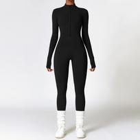 Zipper Yoga Rompers Long Sleeved One-piece Women's Sportswear Gym Jumpsuits Workout High-intensity Fitness Skin-tight Garment M black