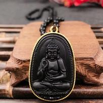 Gold-Trimmed Obsidian Guardian Buddha Zodiac Pendant with Eight Deities beige